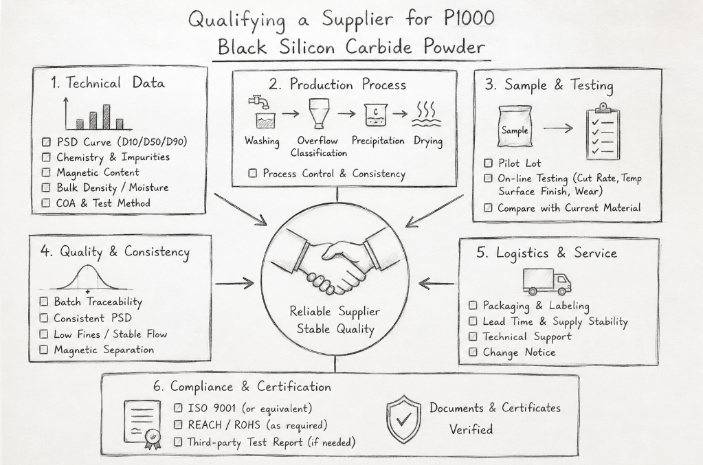 Qualifying a supplier for P1000 black silicon carbide powder